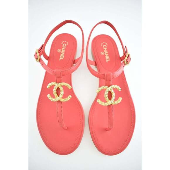 Chanel 20C Red Lambskin Gold CC Logo Mule Ankle Strap Thong Sandal Flat 36.5C - Picture 7 of 9